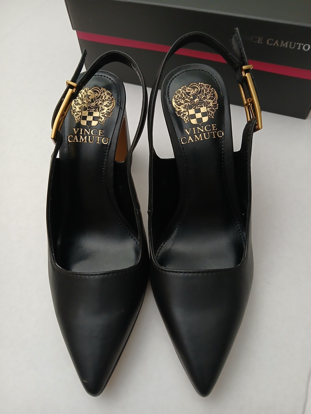 Vince Camuto Black Leather Pointed Slingback Pumps with Gold Buckles - Picture 3 of 11